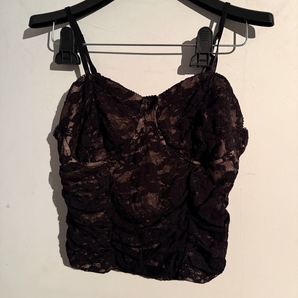 Y2K Black Lace Overlay Cami Medium Bustier Cropped nude lining whimsigoth ruched